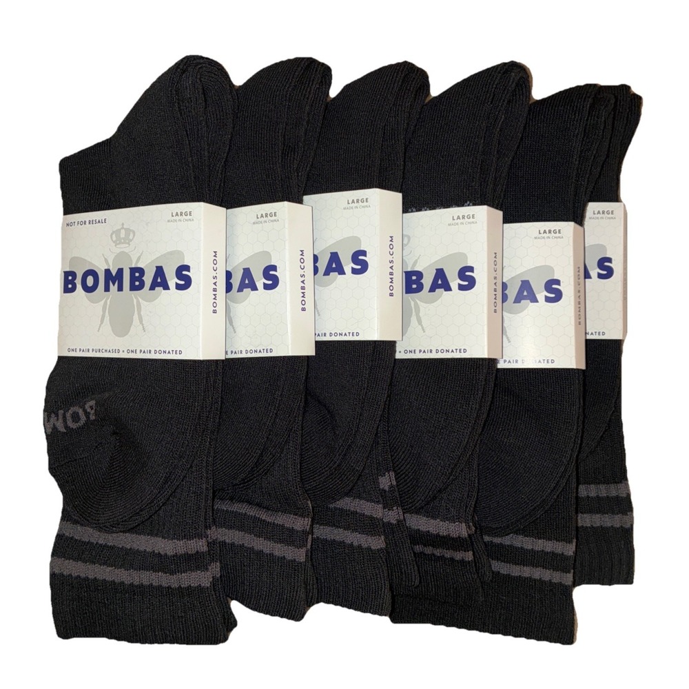 BOMBAS Socks Men's L (US 9.5-13) Black Gray Stripe Calf Logo NEW Lot Of 6
